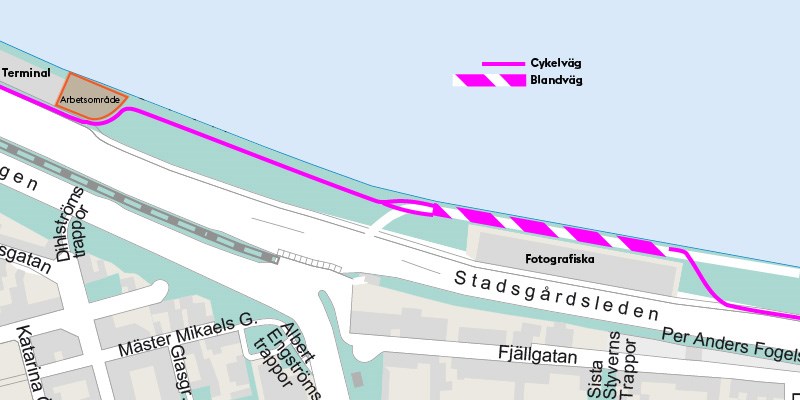 Karta över cykelbana längs Stadsgårdsleden. Lila markering visar var cykelbanan är dragen.